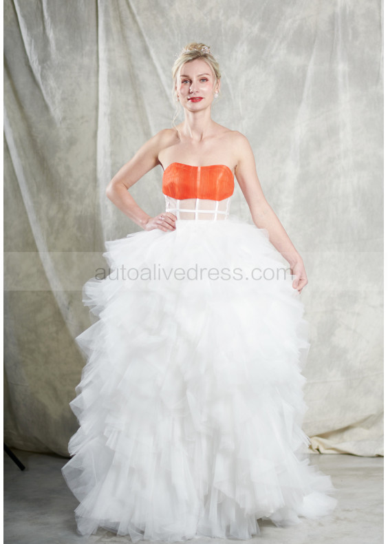 Strapless Ivory Tulle Ruffle Open Illusion Back Wedding Dress